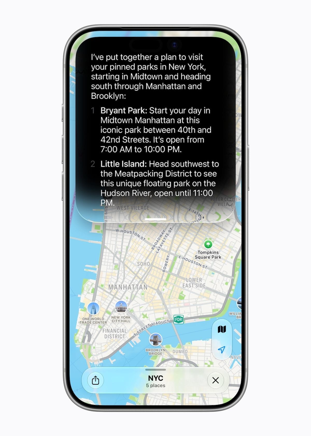 An iPhone showing Siri AI planning a park-visiting itinerary in Apple Maps